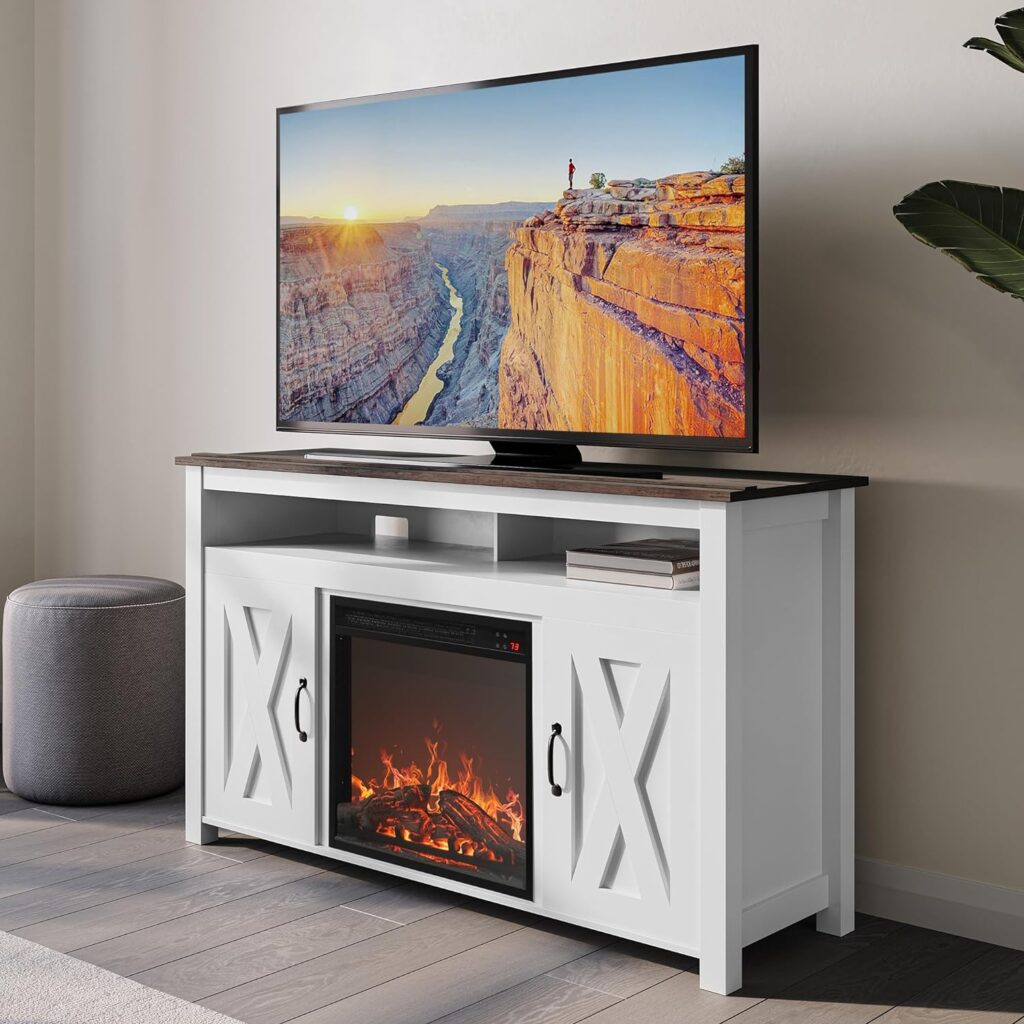 best built in electric fireplace, BELLEZE Modern Barn Door Wood TV Stand Electric Fireplace