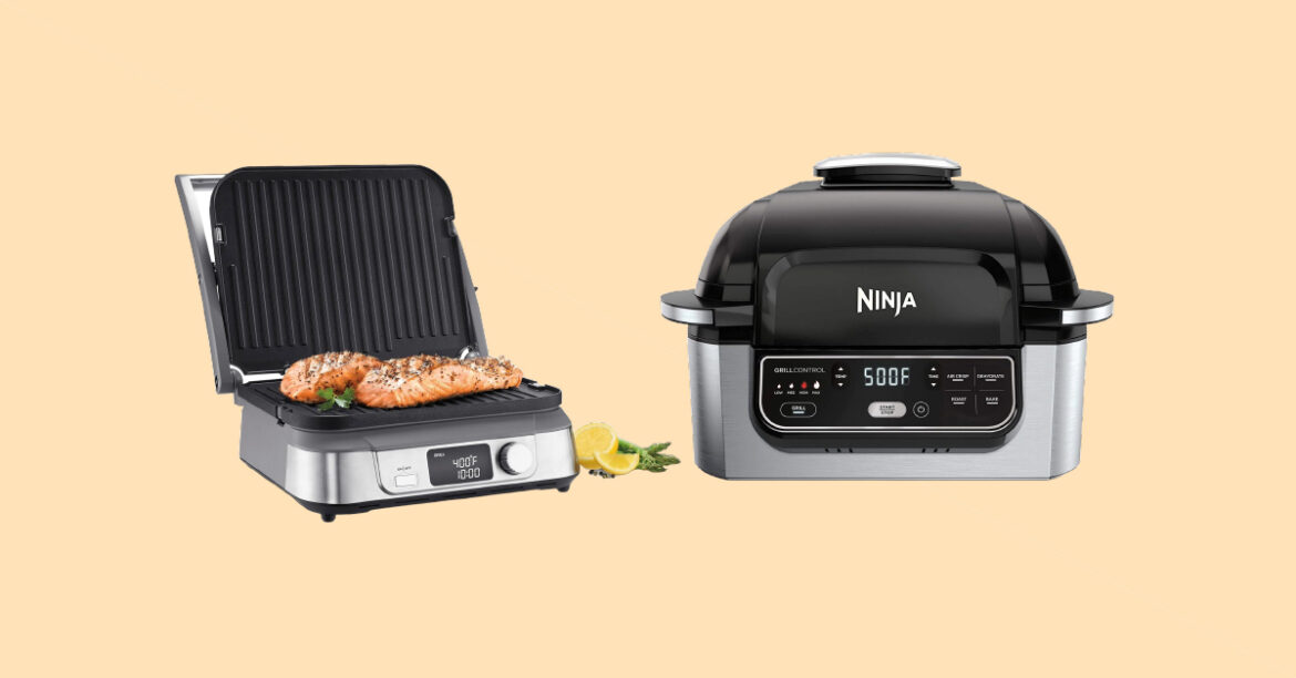 The sleek best electric grills on a kitchen countertop, cooking delicious food with even heat distribution and non-stick surface, perfect for indoor grilling.