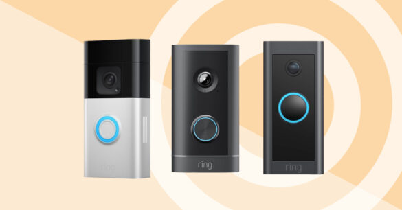 Ring Video Doorbell installed at a front door, offering HD video, motion detection, night vision, and two-way audio with real-time smartphone alerts.