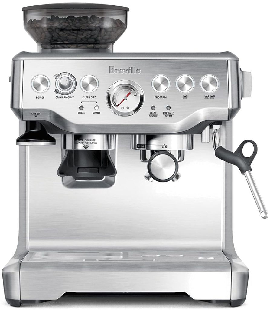 The Best Coffee Maker — Breville BES870XL Barista Express Espresso Machine featuring a built-in burr grinder, stainless steel finish, and professional-style espresso controls.