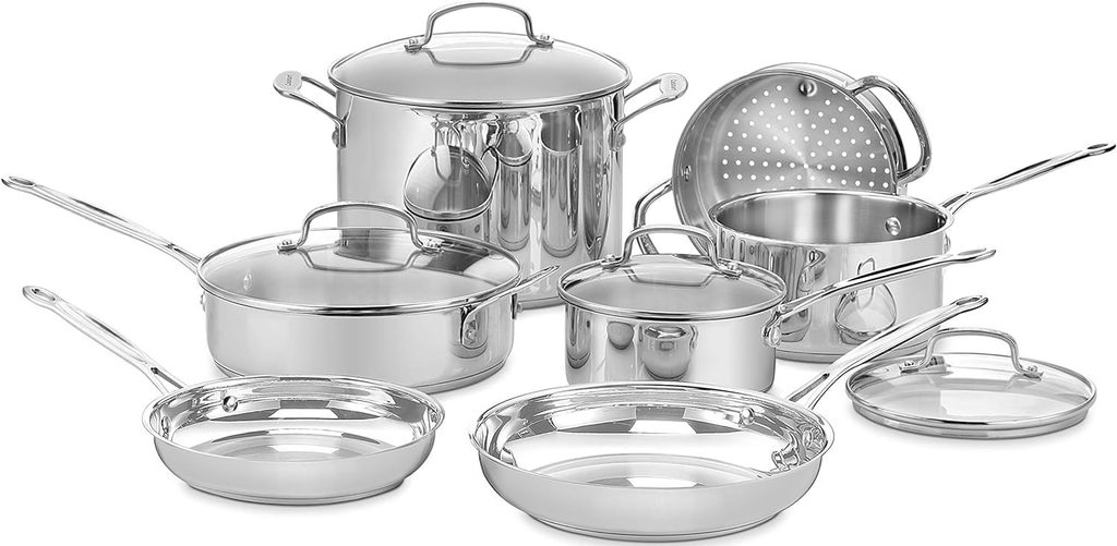 The Best Cookware Set — Cuisinart 77-11G Chef’s Classic Cookware Set featuring polished stainless steel pots and pans arranged for everyday kitchen cooking.