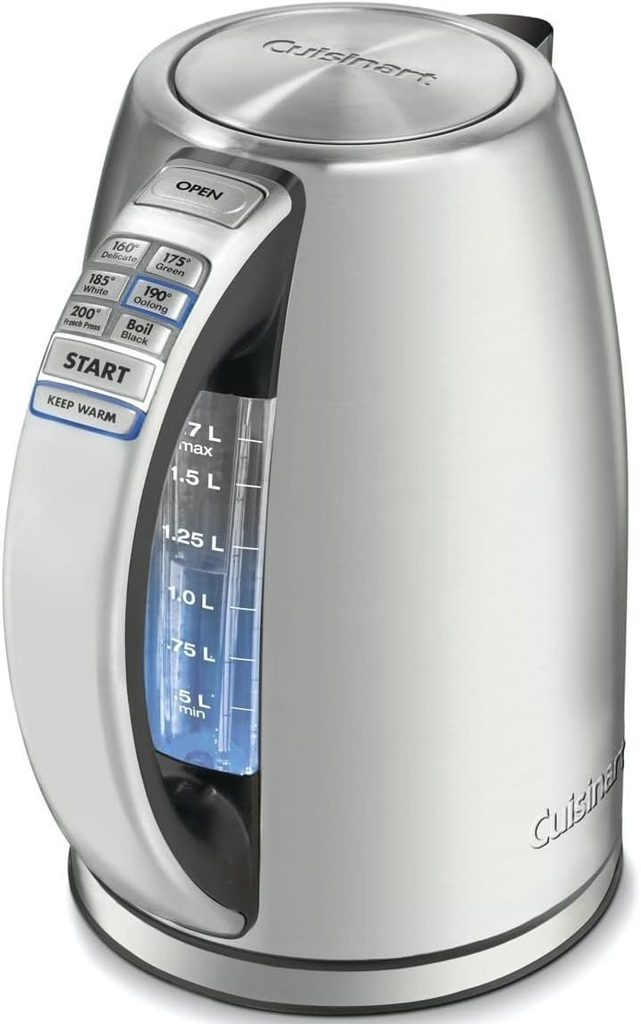 The Best Electric Kettle — Cuisinart CPK-17P1 PerfecTemp electric kettle featuring a brushed stainless steel finish, convenient temperature presets, and a cordless design for everyday beverage preparation.