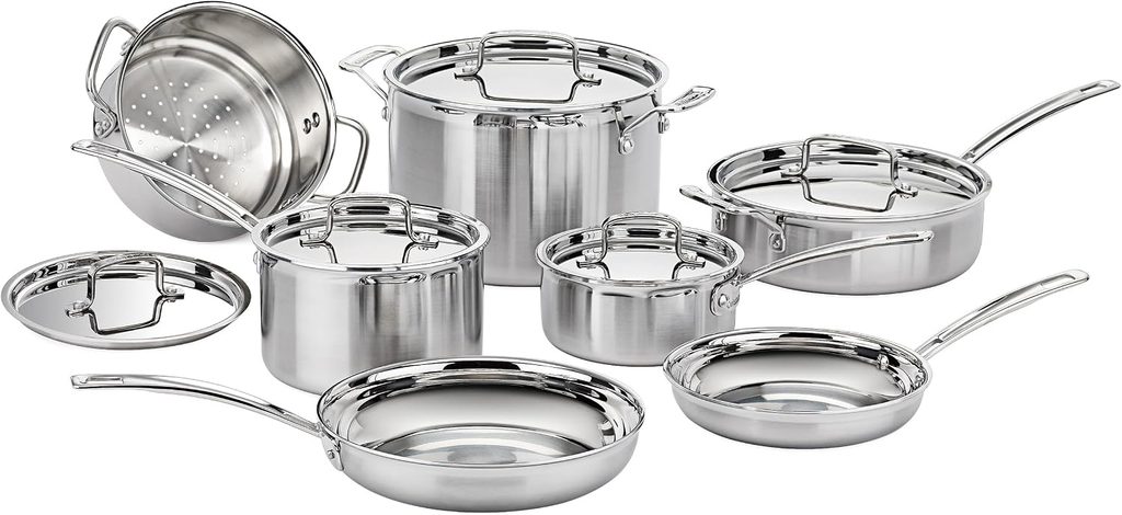 The Best Cookware Set — Cuisinart MCP-12N MultiClad Pro Cookware Set featuring brushed stainless steel pots and pans arranged for versatile home cooking.