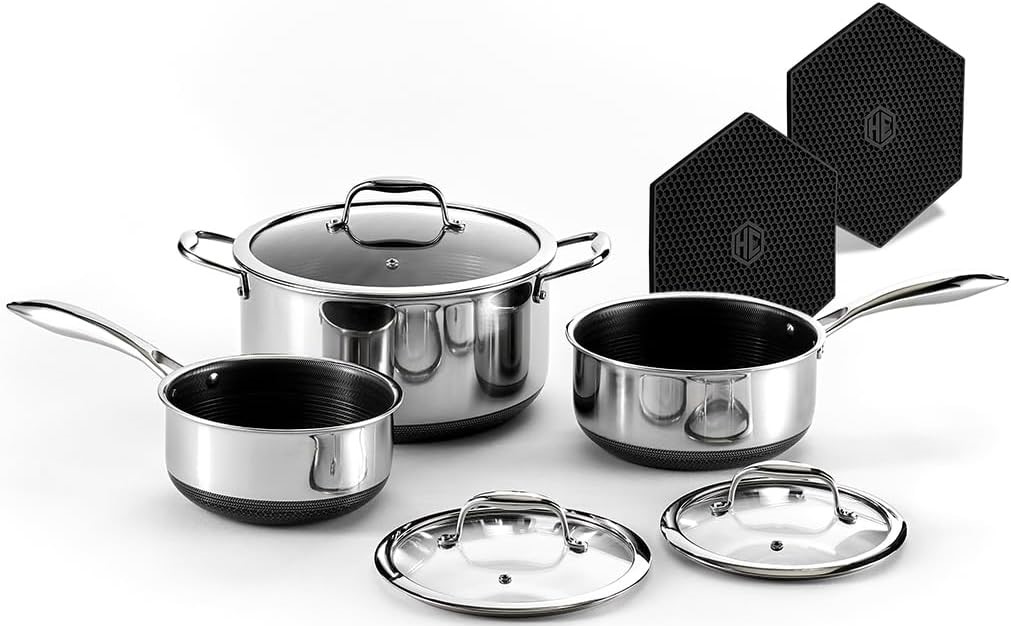 The Best Cookware Set — HexClad BNPTTV08-ST Hybrid Nonstick Cookware Set featuring modern hybrid-finish pots and pans designed for versatile everyday cooking.