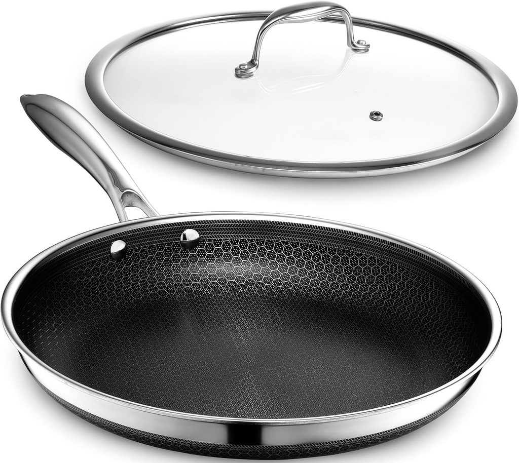 The Best Fry Pan — HexClad HEX12PANLID Hybrid Stainless Steel Fry Pan Set featuring a distinctive textured cooking surface and modern pans with lids for everyday meal preparation.