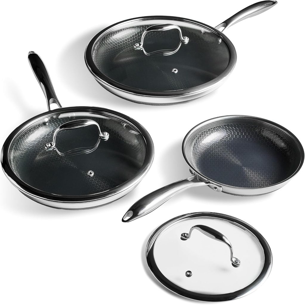 The Best Fry Pan — HexClad HEX6PCPAN Hybrid Nonstick Fry Pan Set featuring textured hybrid cooking surfaces and contemporary cookware designed for versatile stovetop meals.