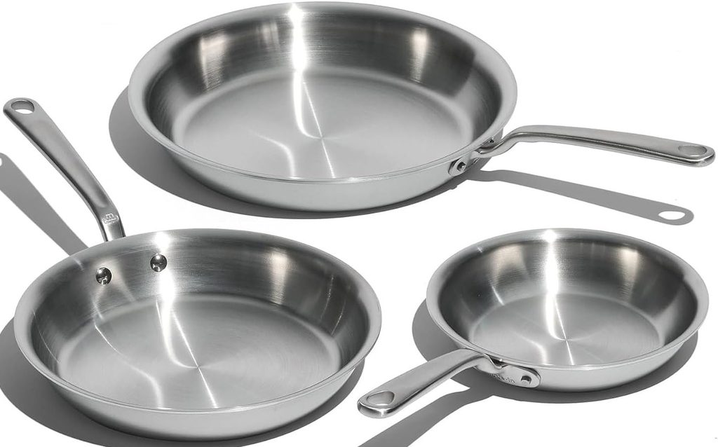 The Best Fry Pan — Made In Cookware KIT-3-FRY-SS Fry Pan Set featuring sleek stainless steel pans designed for searing, sautéing, and everyday stovetop cooking.