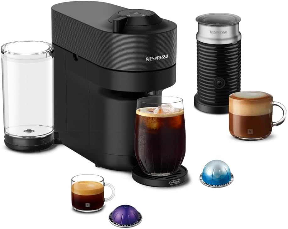 The Best Nespresso Machine — Nespresso Vertuo Pop+ Coffee Machine featuring a compact, colorful design and streamlined brewing system for preparing coffee and espresso at home.