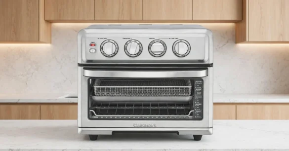 The Best Air Fryer Toaster Oven — Modern air fryer toaster oven on a kitchen countertop with golden roasted vegetables, crispy fries, and toasted bread displayed nearby.