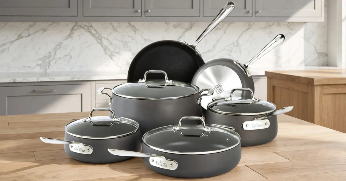 The Best Cookware Set — A stylish collection of stainless steel and nonstick pots, pans, and lids arranged neatly on a modern kitchen countertop.