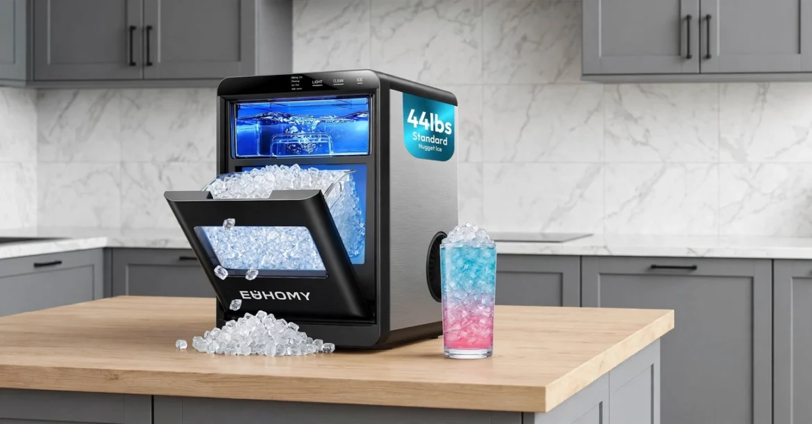 The Best Countertop Ice Maker — Modern countertop ice maker displayed on a kitchen counter beside a glass of chilled ice water in a bright, contemporary kitchen.