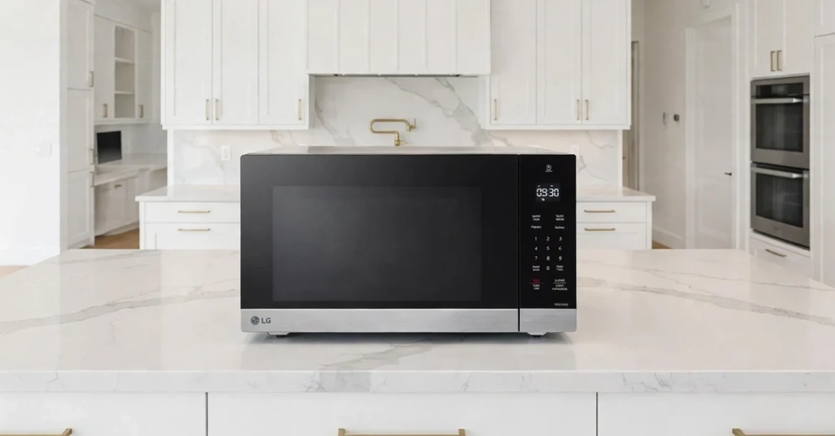 The Best Countertop Microwave — Modern countertop microwave with a sleek stainless steel finish displayed in a bright kitchen beside prepared ingredients and a ceramic dinner plate.