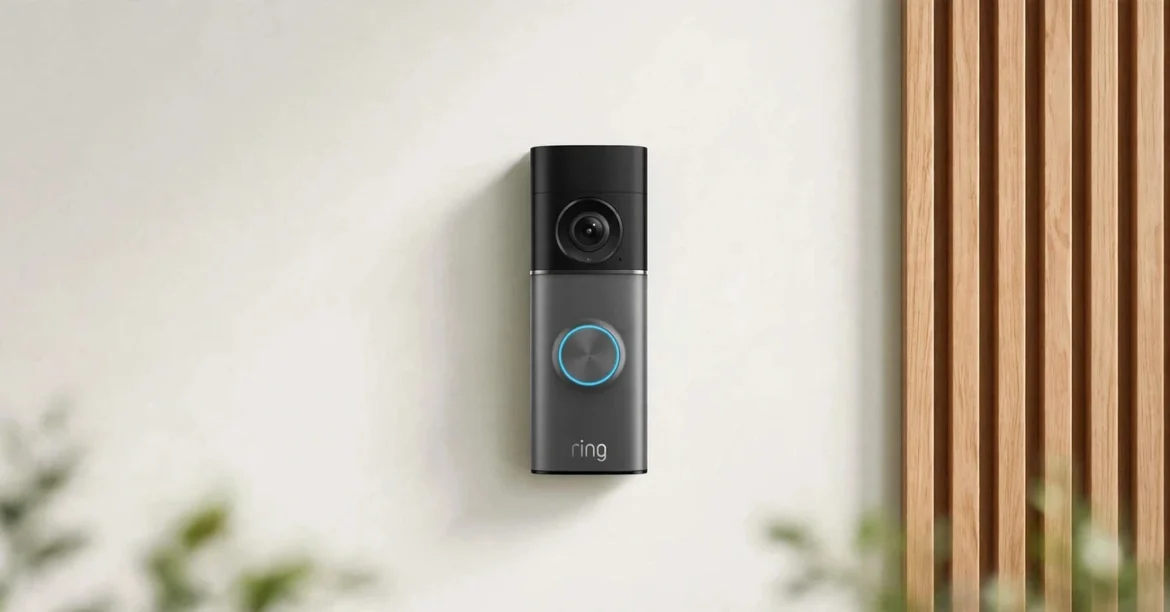 The Best Doorbell Camera — Modern smart doorbell camera mounted beside a front door with a visitor standing on the porch of a contemporary home.