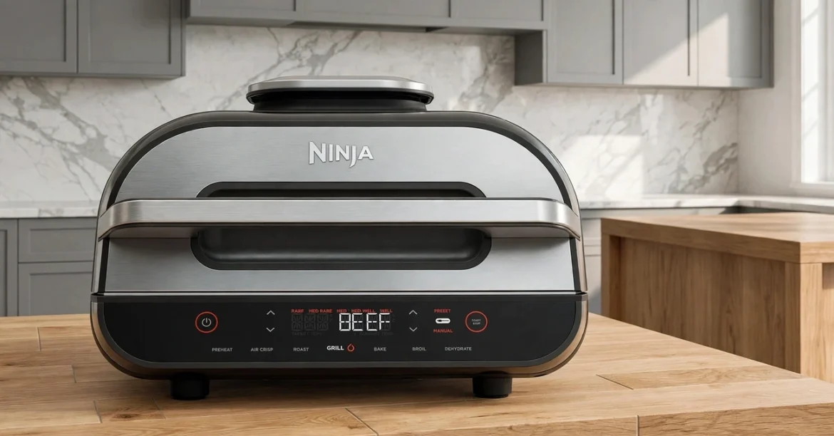 The Best Electric Grill — Modern electric grill on a kitchen countertop with grilled vegetables and golden-brown food arranged on a serving platter.