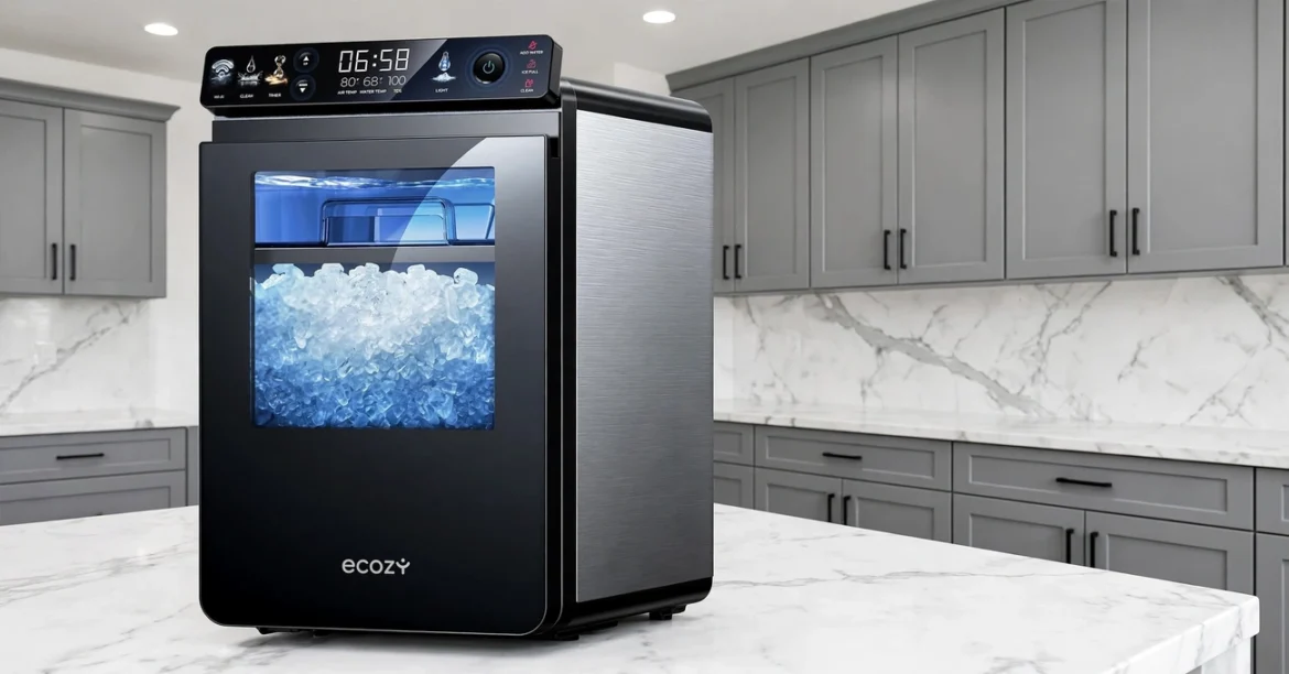 The Best Nugget Ice Maker — Stylish nugget ice maker on a kitchen countertop beside a glass of sparkling iced beverage filled with soft, chewable ice.