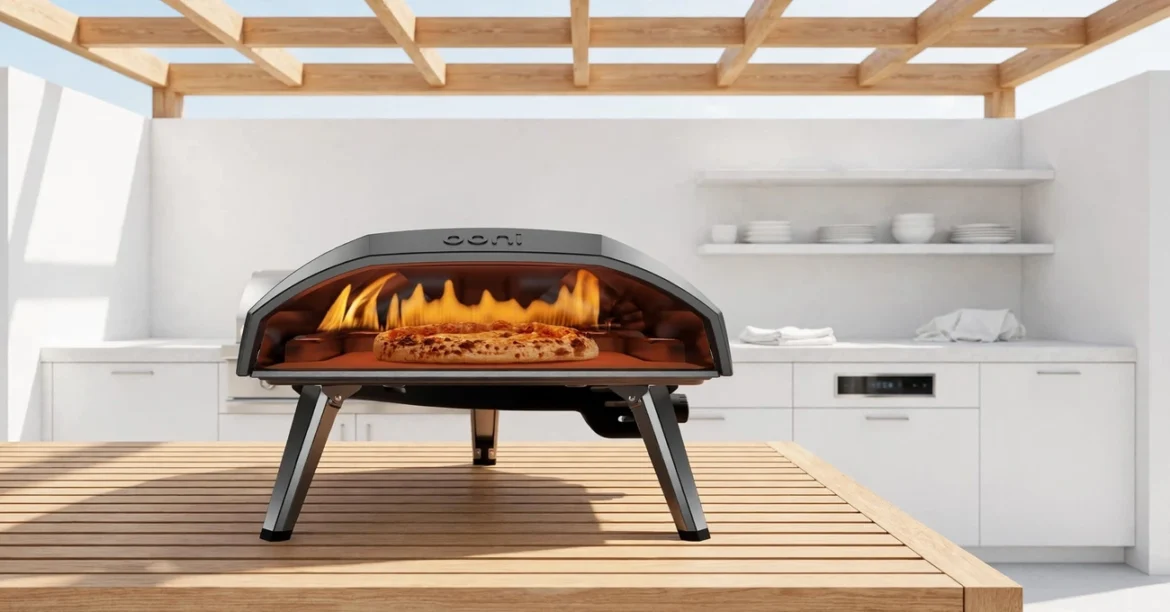 The Best Pizza Oven — Stylish pizza oven on an outdoor countertop with a freshly baked pizza topped with melted cheese, basil, and colorful vegetables.