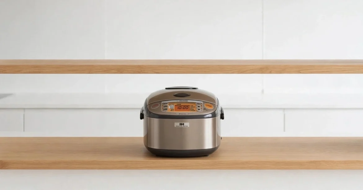 The Best Rice Cooker — Modern electric rice cooker on a kitchen countertop beside a bowl of fluffy steamed rice, fresh vegetables, and serving utensils.