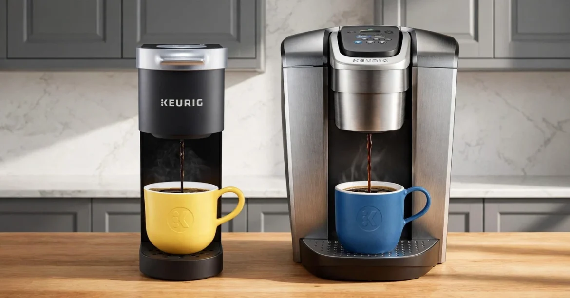The Best Single Serve Coffee Maker — Compact single serve coffee maker on a kitchen counter beside a freshly brewed cup of coffee, roasted coffee beans, and a ceramic mug.