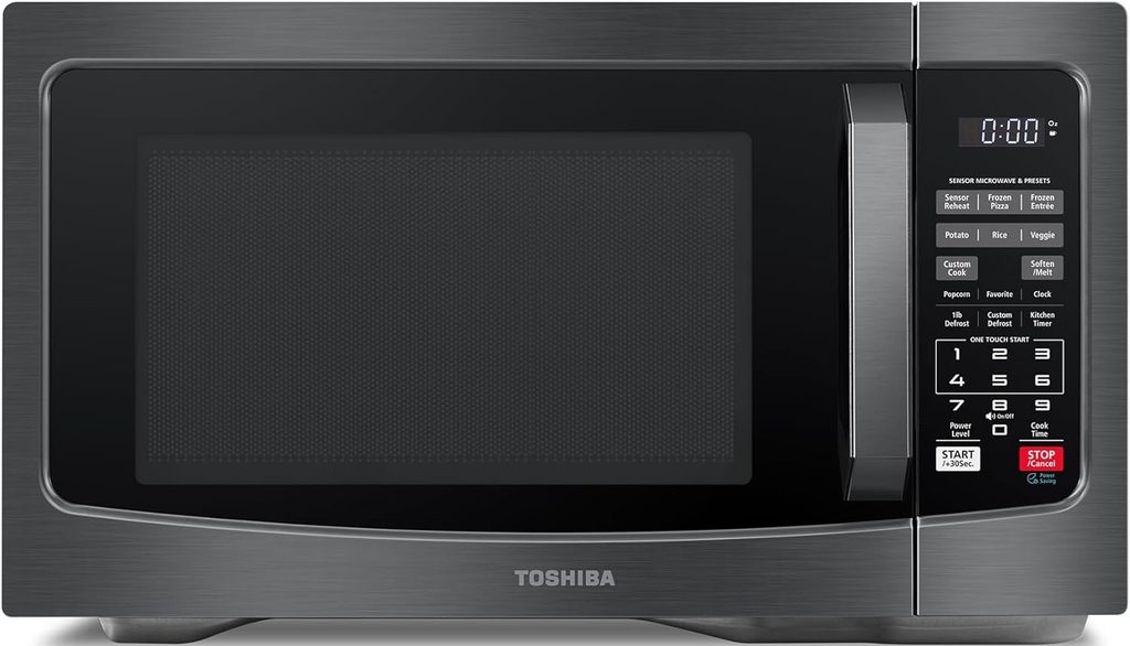 The Best Countertop Microwave — Toshiba EM131A5C-BS countertop microwave featuring a sleek black stainless-steel exterior and convenient digital controls.