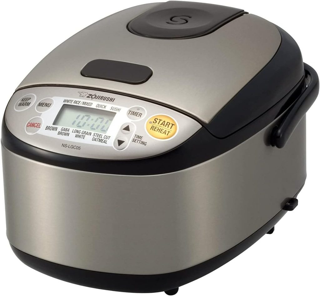The Best Rice Cooker — Zojirushi NS-LGC05XB Rice Cooker featuring a compact black design, digital controls, and a convenient cooking interior.